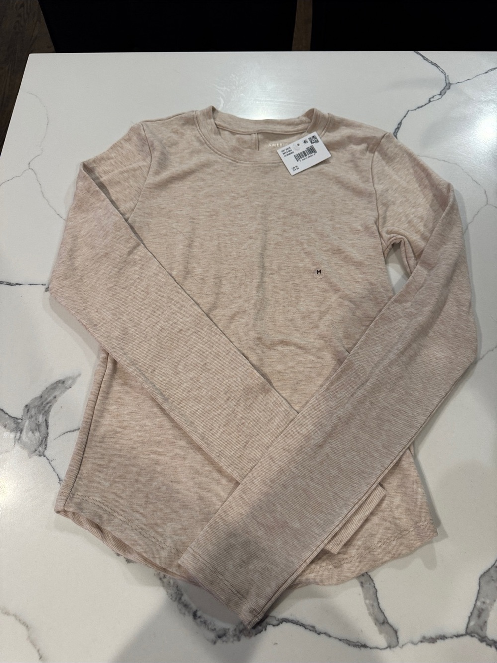 American Eagle Outfitters Long Sleeve Crewneck Top in Heathered Beige